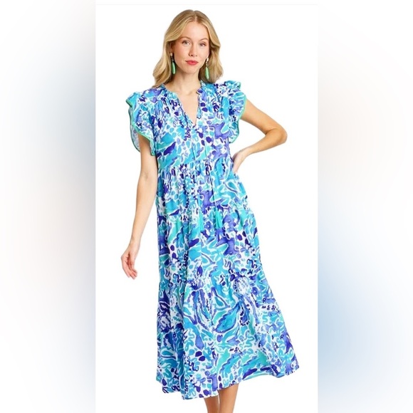 Umgee maxi dress lilly Pulitzer print watercolor ruffle short sleeve tiered - Picture 2 of 9